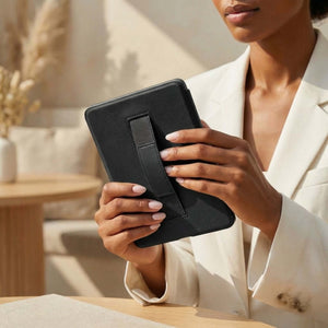 Black Leather Kindle Case with Hand Strap - Poly Bands