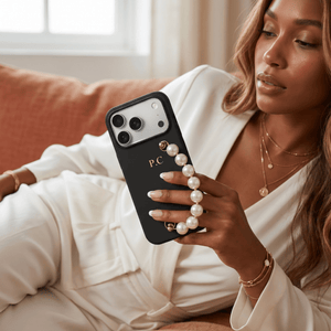Black Leather Magnetic iPhone Case with Pearl Strap - Poly Bands