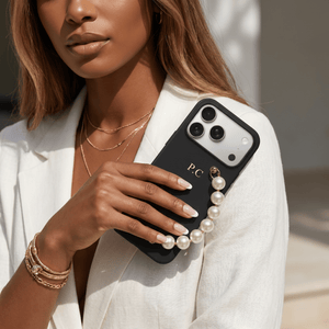 Black Leather Magnetic iPhone Case with Pearl Strap - Poly Bands