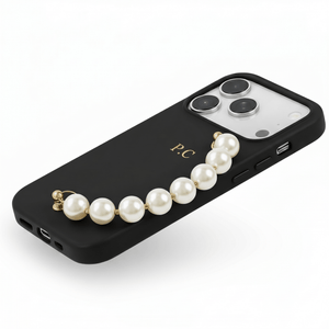 Black Leather Magnetic iPhone Case with Pearl Strap - Poly Bands
