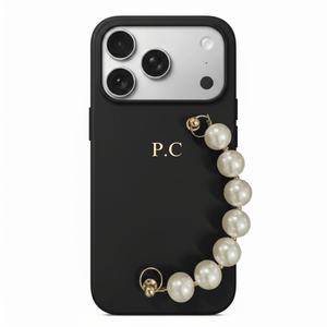 Black Leather Magnetic iPhone Case with Pearl Strap - Poly Bands