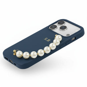 Blue Leather Magnetic iPhone Case with Pearl Strap - Poly Bands