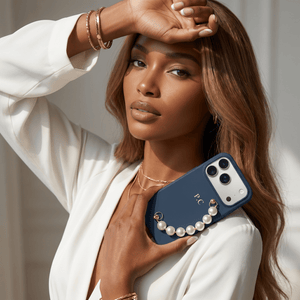 Blue Leather Magnetic iPhone Case with Pearl Strap - Poly Bands