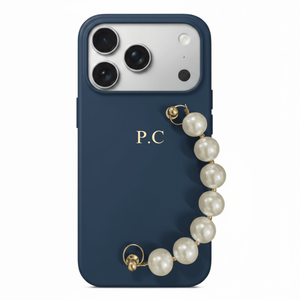 Blue Leather Magnetic iPhone Case with Pearl Strap - Poly Bands
