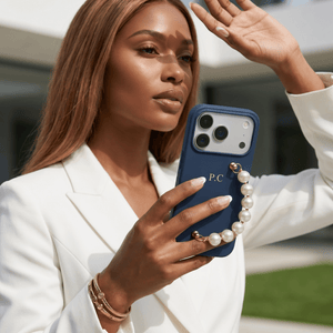 Blue Leather Magnetic iPhone Case with Pearl Strap - Poly Bands