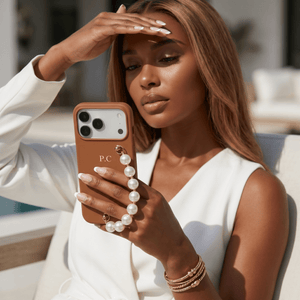 Brown Leather Magnetic iPhone Case with Pearl Strap - Poly Bands