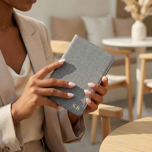 Gray Leather Kindle Case with Hand Strap and Stand - Poly Bands