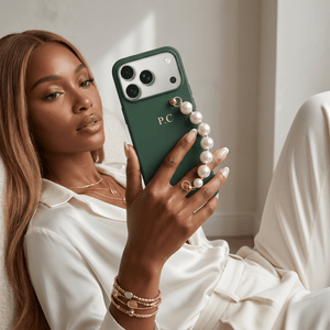 Green Leather Magnetic iPhone Case with Pearl Strap - Poly Bands