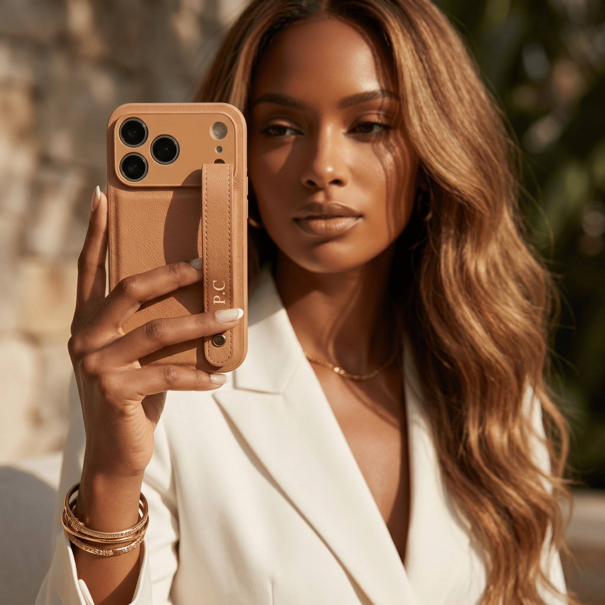 Beige Leather iPhone Case with Strap - Poly Bands