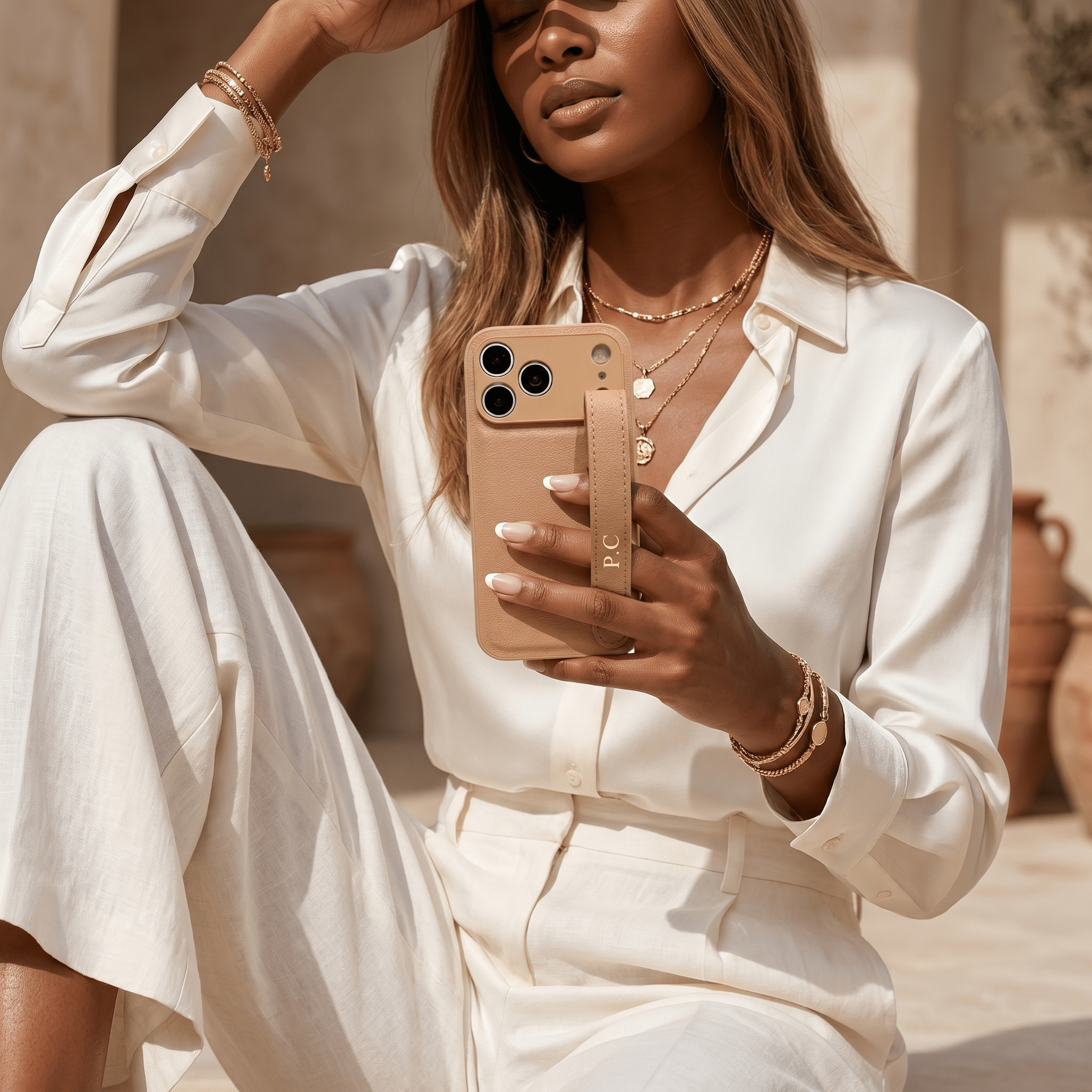 Beige Leather iPhone Case with Strap - Poly Bands
