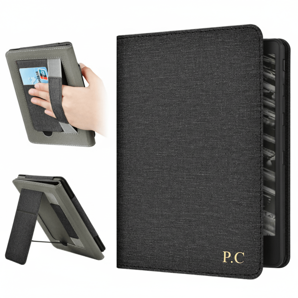 Black Leather Kindle Case with Hand Strap and Stand - Poly Bands