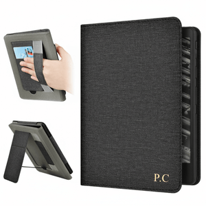 Black Leather Kindle Case with Hand Strap and Stand - Poly Bands
