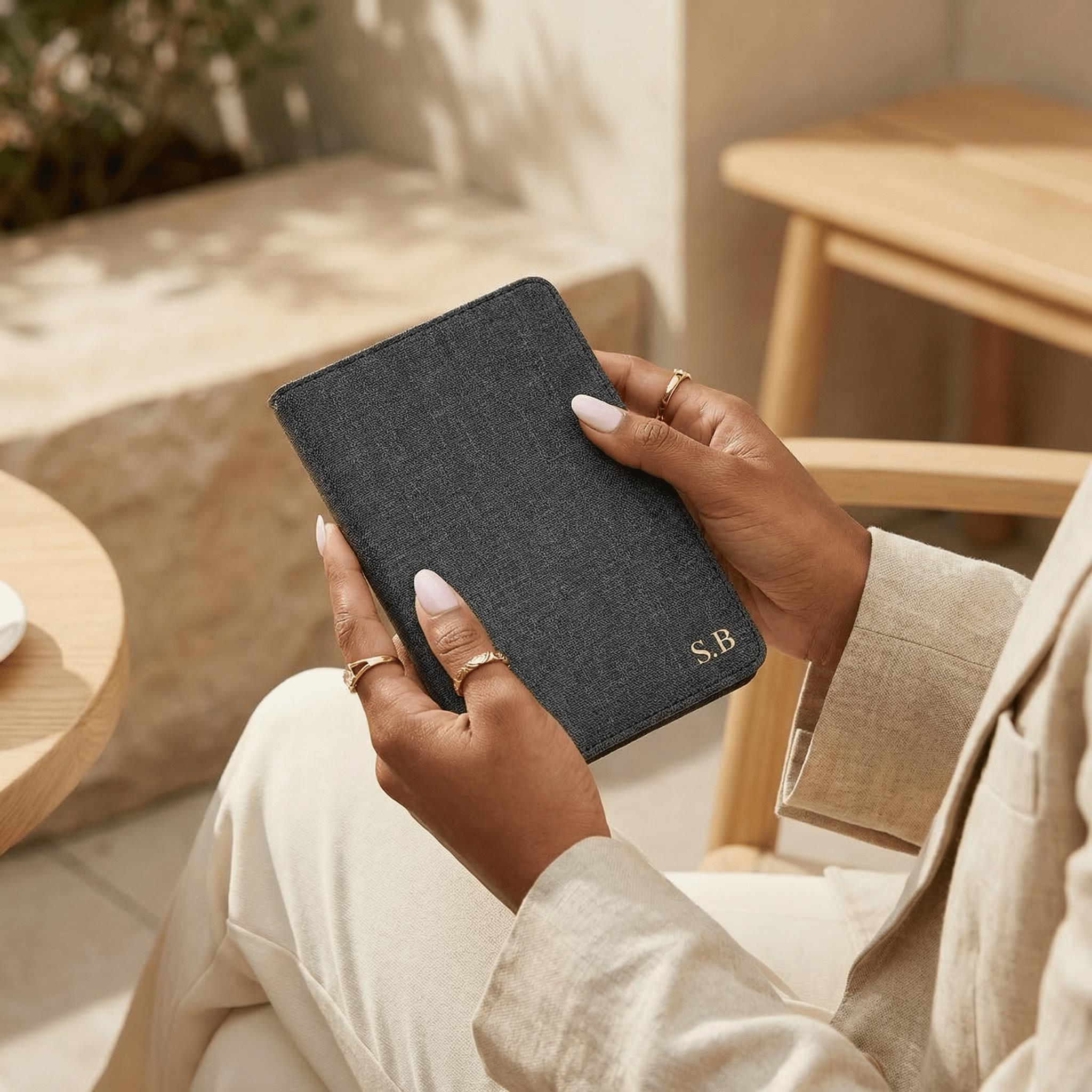 Black Leather Kindle Case with Hand Strap and Stand - Poly Bands