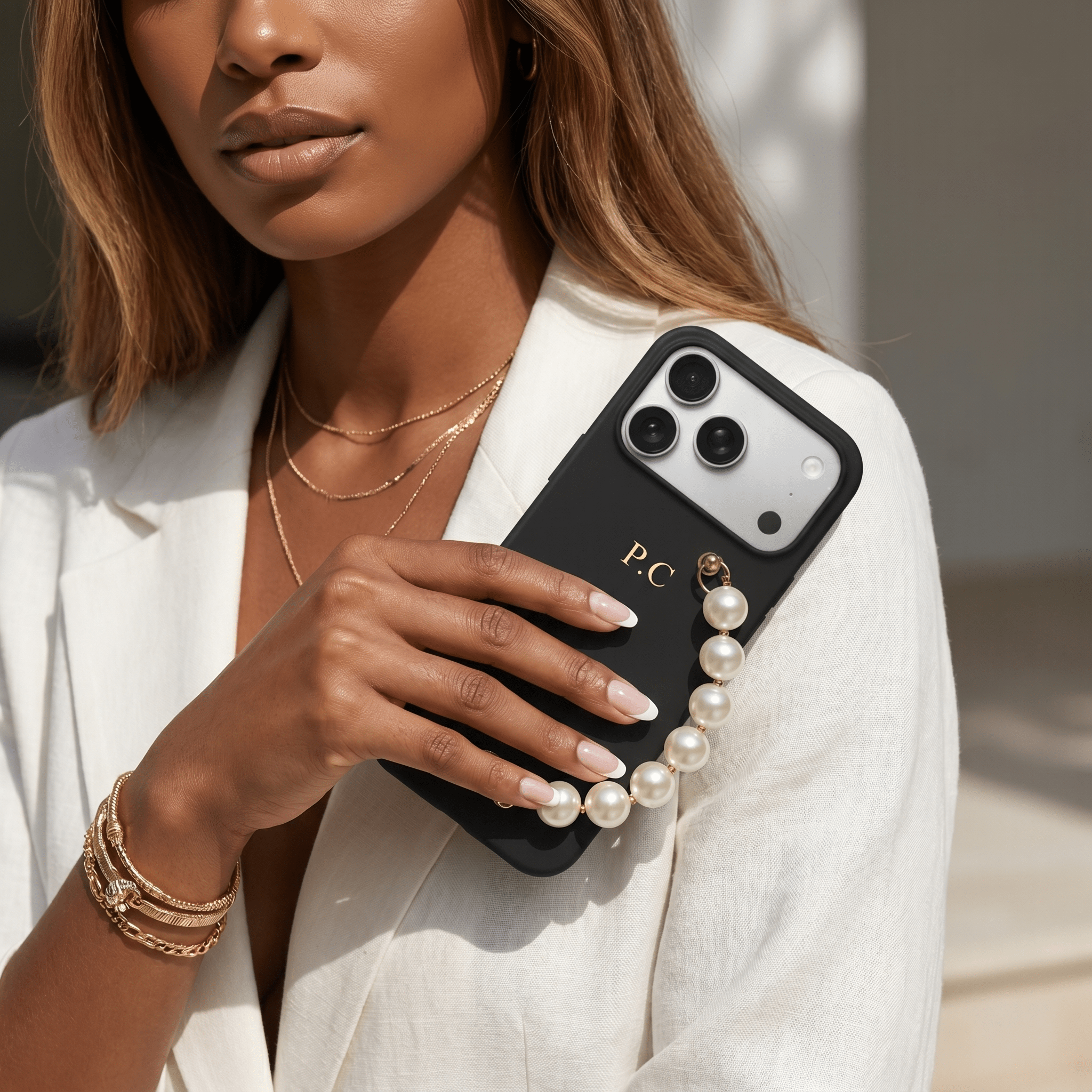 Black Leather Magnetic iPhone Case with Pearl Strap - Poly Bands