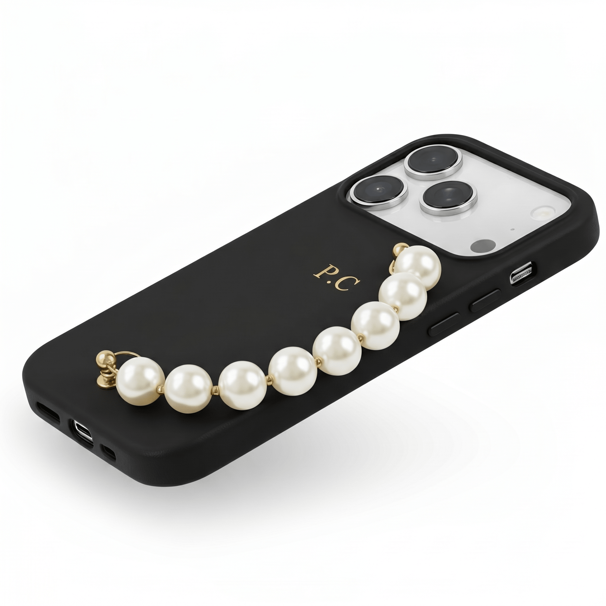 Black Leather Magnetic iPhone Case with Pearl Strap - Poly Bands
