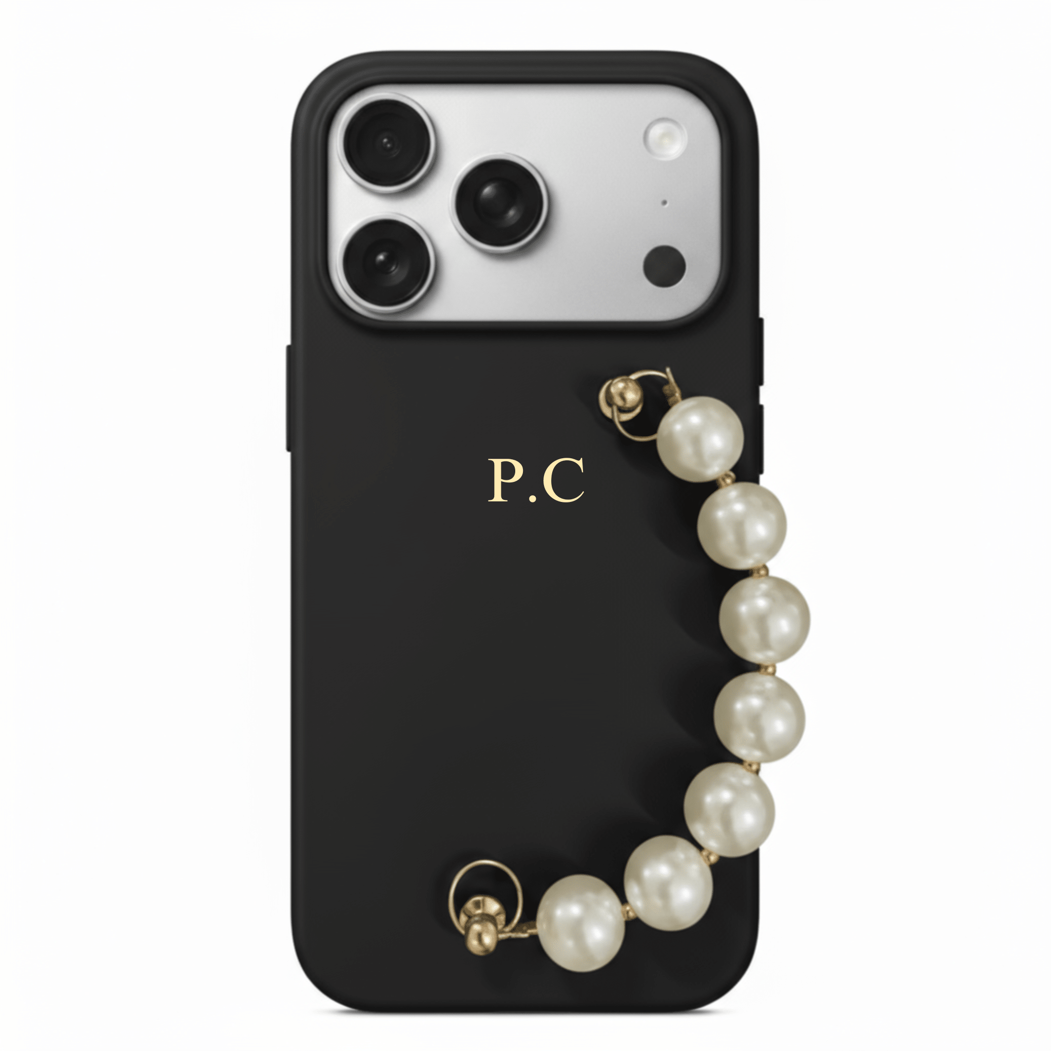 Black Leather Magnetic iPhone Case with Pearl Strap - Poly Bands