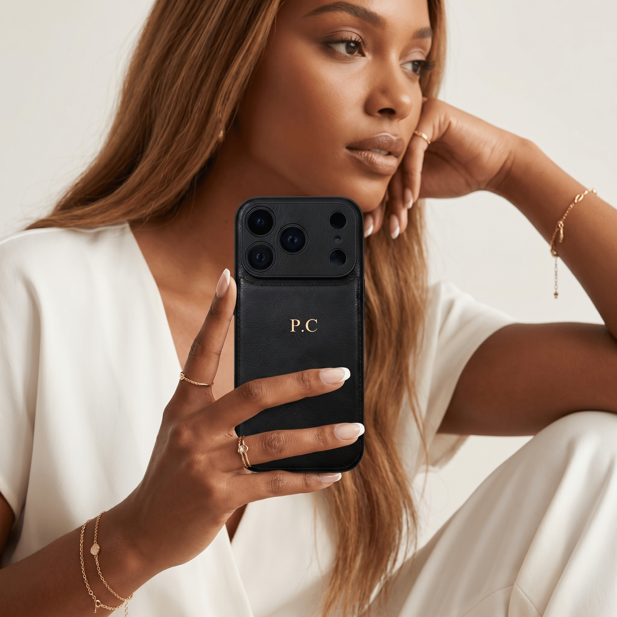 Black Personalized Monogram Leather iPhone Case - Poly Bands
