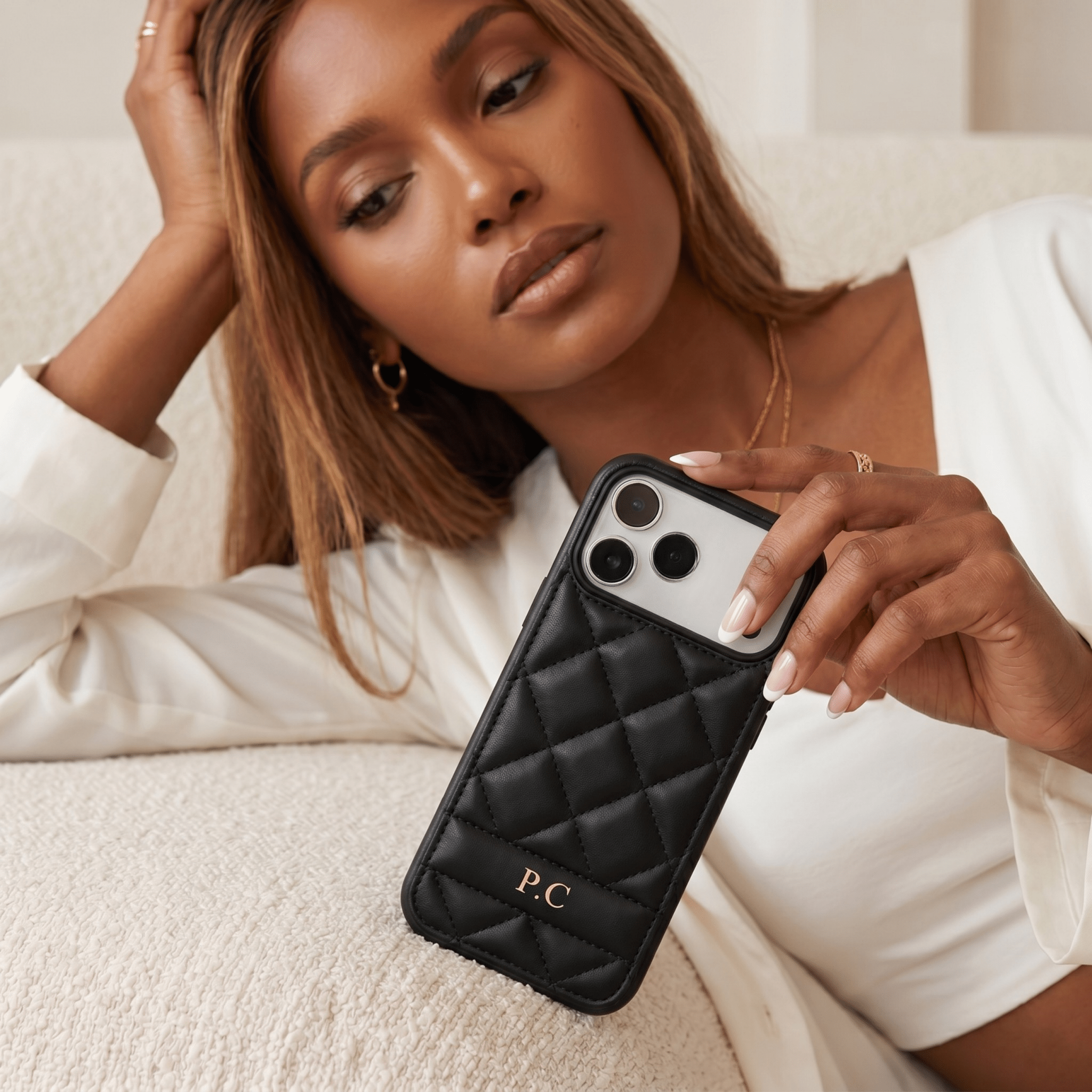 Black Stitched Leather iPhone Case - Poly Bands