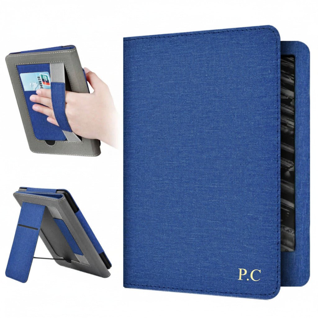 Blue Leather Kindle Case with Hand Strap and Stand - Poly Bands