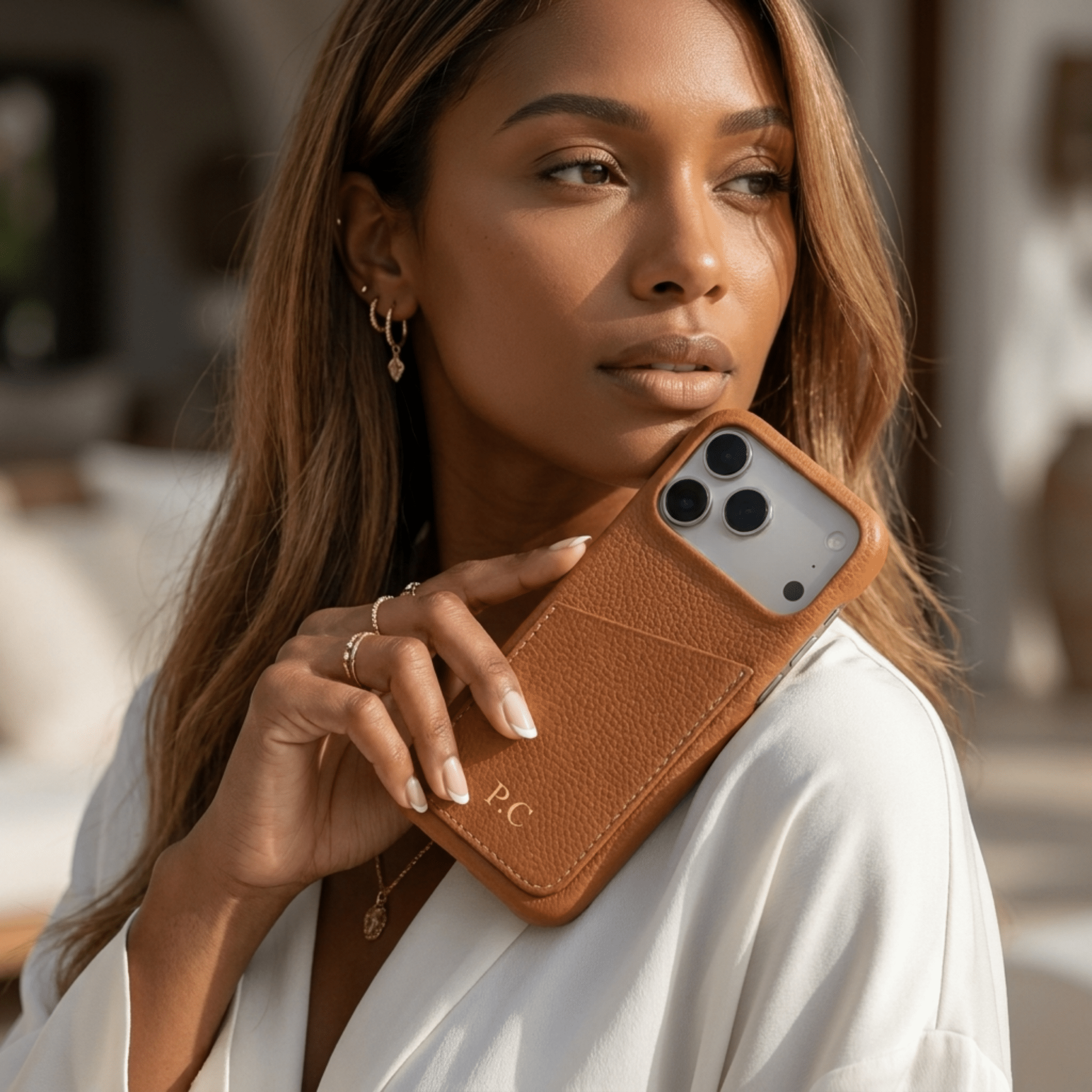 Brown Card Holder Leather iPhone Case - Poly Bands