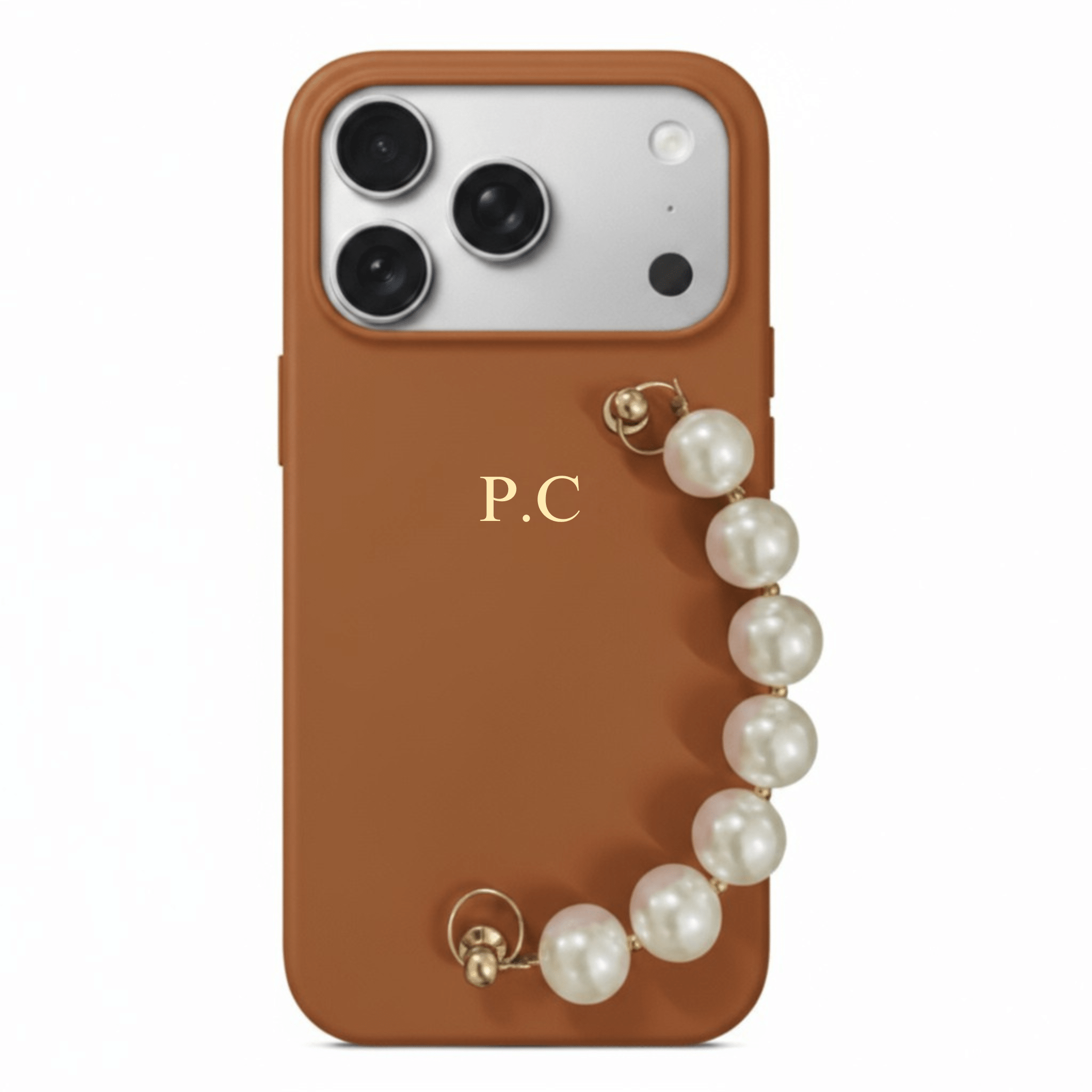 Brown Leather Magnetic iPhone Case with Pearl Strap - Poly Bands