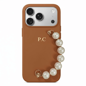 Brown Leather Magnetic iPhone Case with Pearl Strap - Poly Bands
