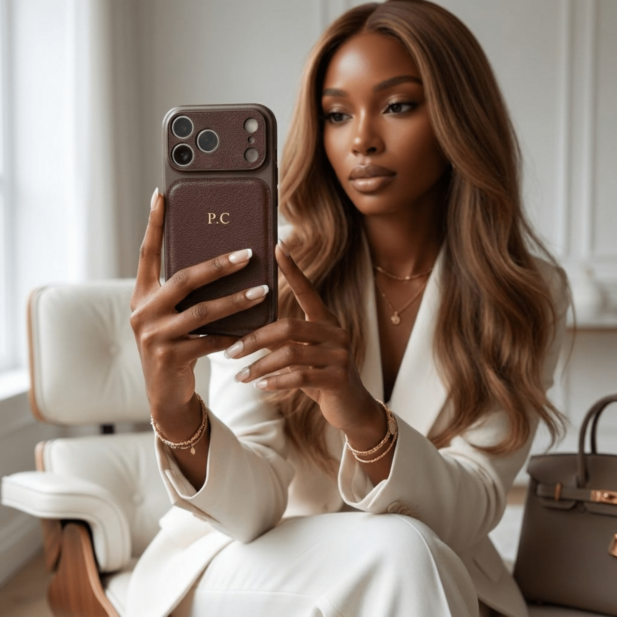 Brown Personalized iPhone Case With Leather - Poly Bands