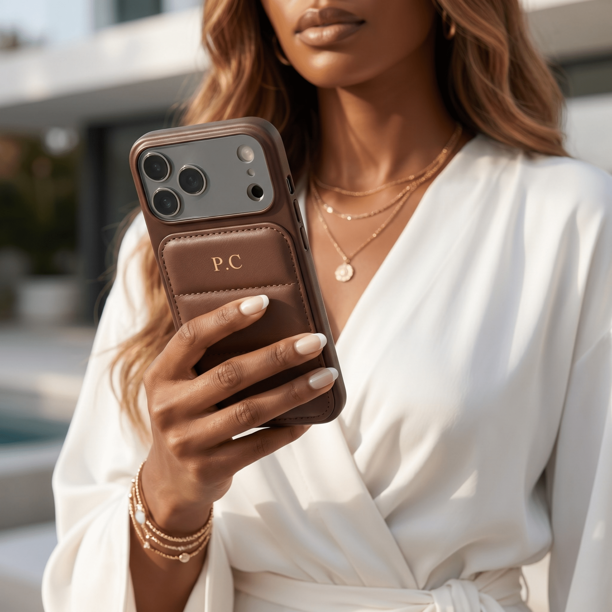 Brown Personalized iPhone Leather Case - Poly Bands
