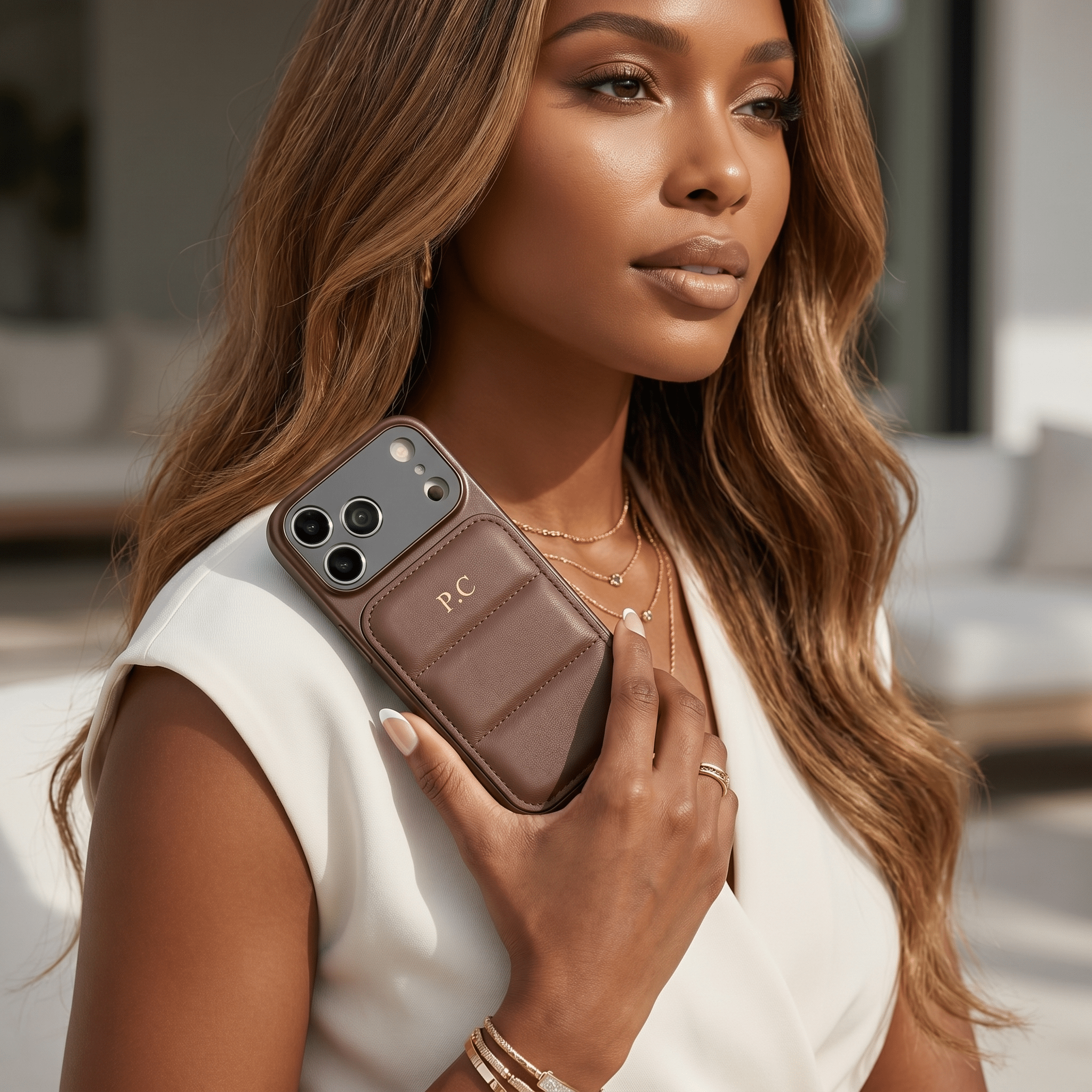 Brown Personalized iPhone Leather Case - Poly Bands