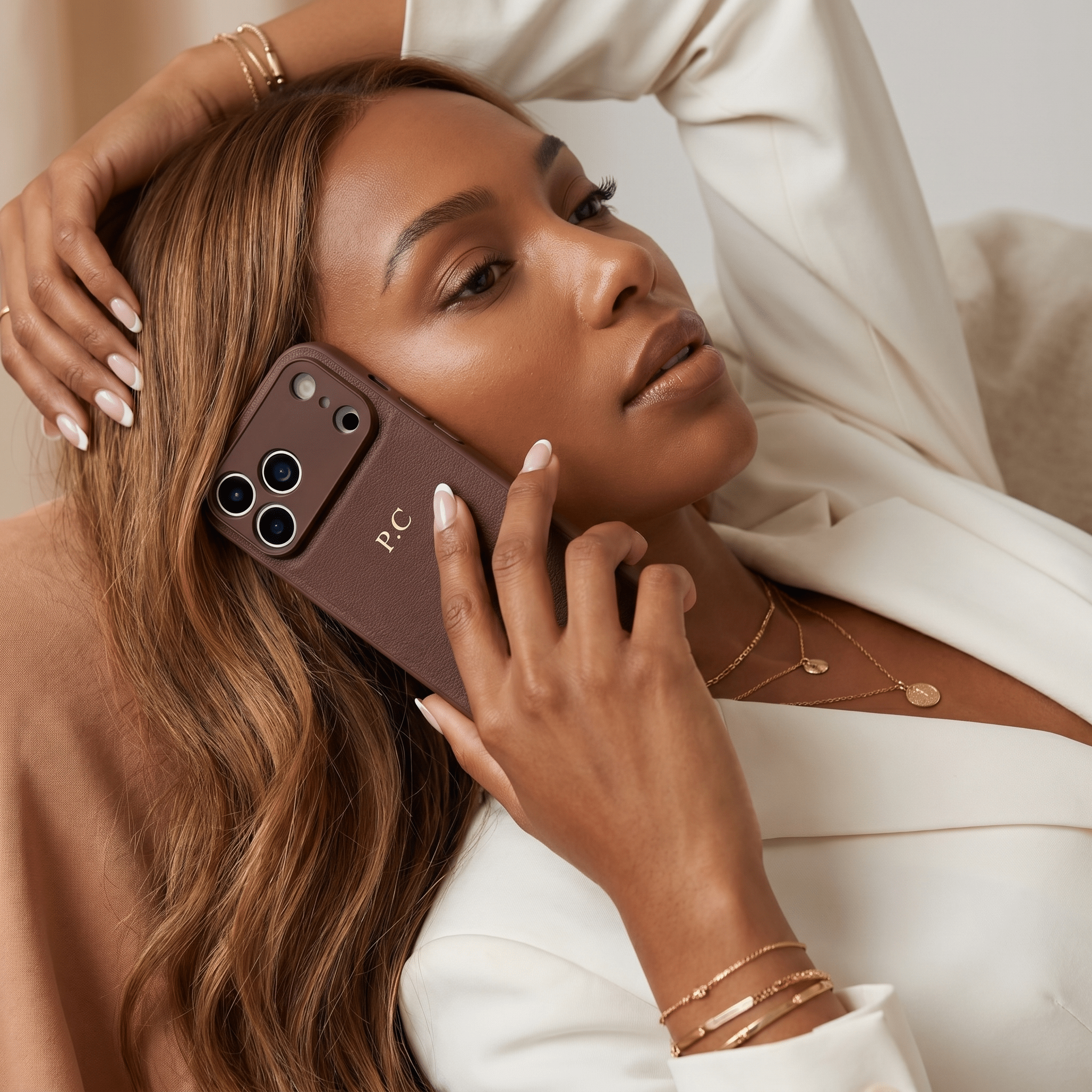 Brown Personalized Leather iPhone Case - Poly Bands