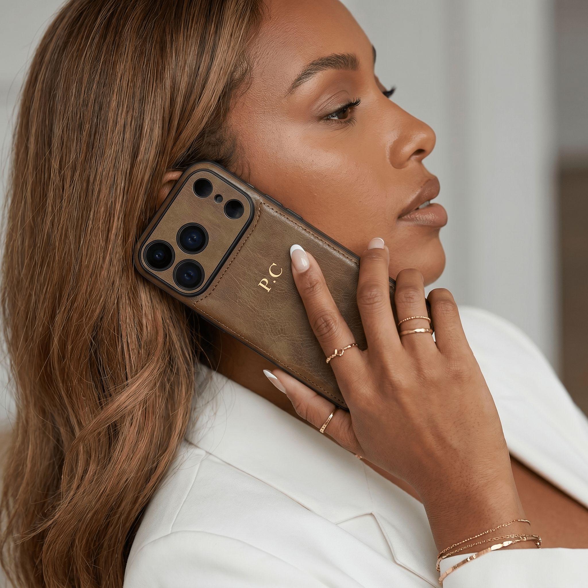Brown Personalized Monogram Leather iPhone Case - Poly Bands