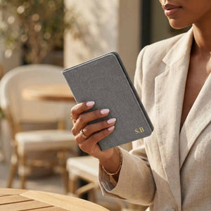 Gray Leather Kindle Case with Hand Strap and Stand - Poly Bands