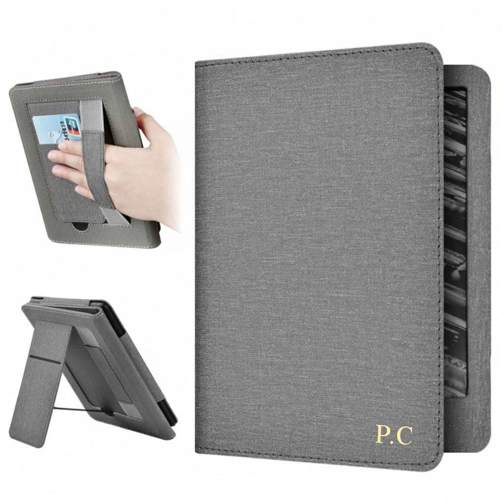 Gray Leather Kindle Case with Hand Strap and Stand - Poly Bands