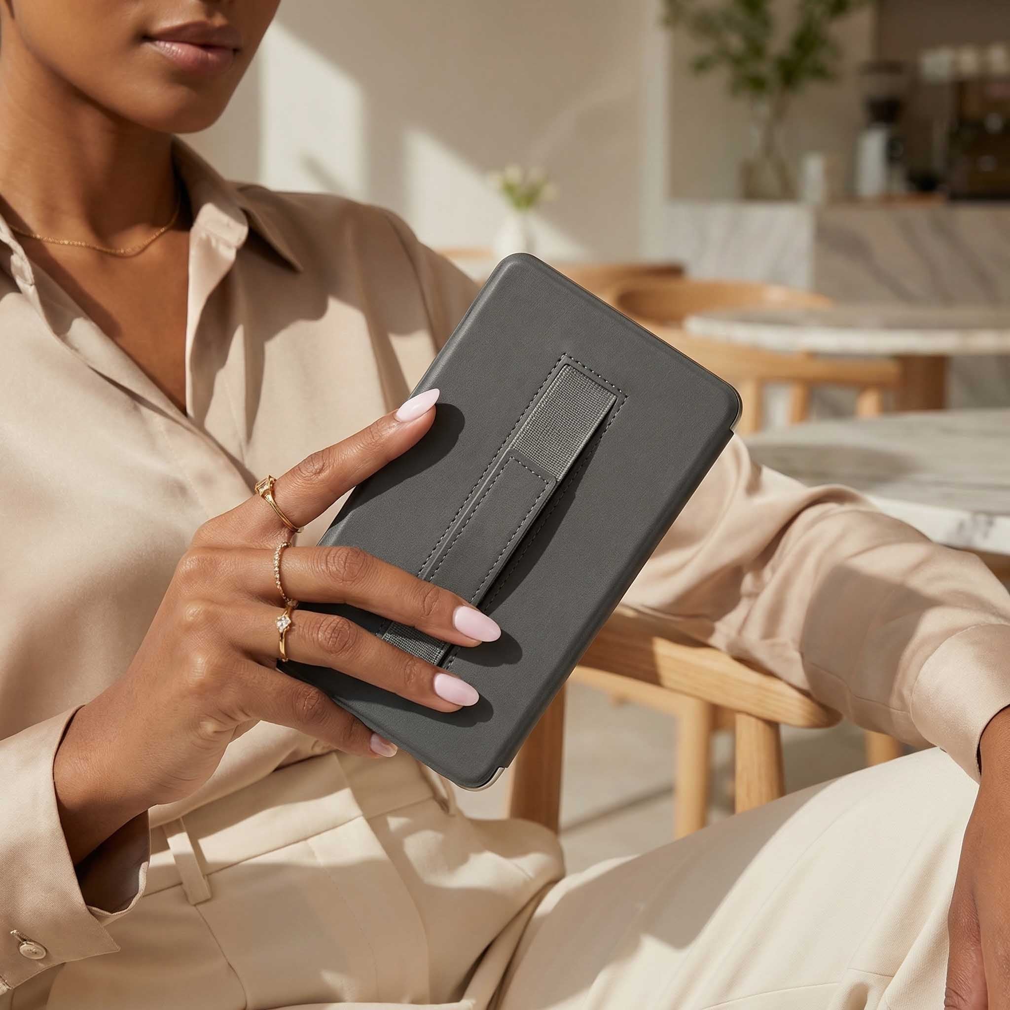 Gray Textured Leather Kindle Case with Hand Strap - Poly Bands