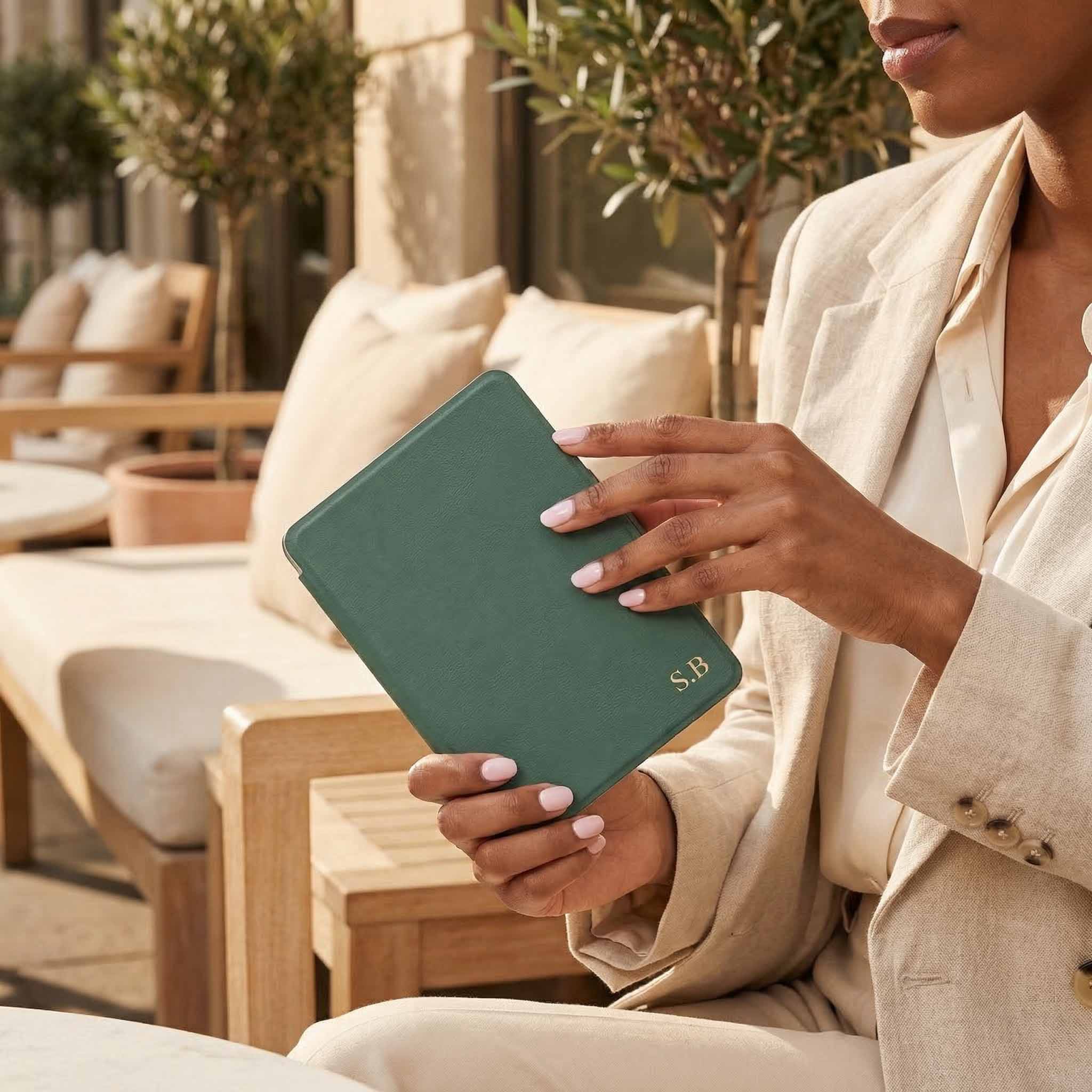 Green Leather Kindle Case with Hand Strap - Poly Bands