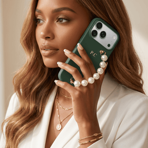 Green Leather Magnetic iPhone Case with Pearl Strap - Poly Bands