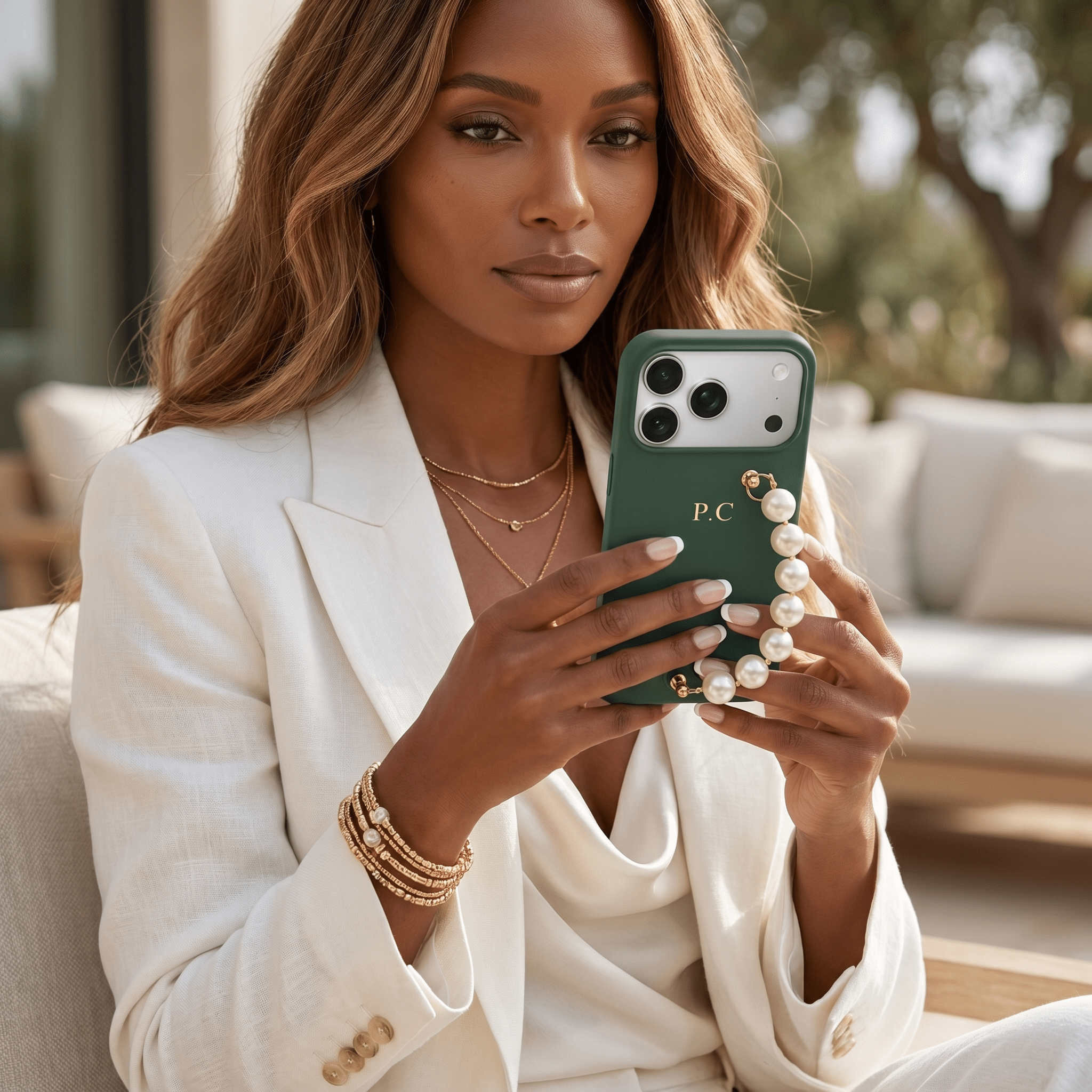 Green Leather Magnetic iPhone Case with Pearl Strap - Poly Bands
