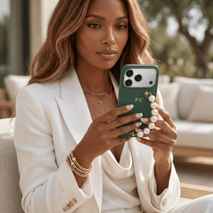 Green Leather Magnetic iPhone Case with Pearl Strap - Poly Bands