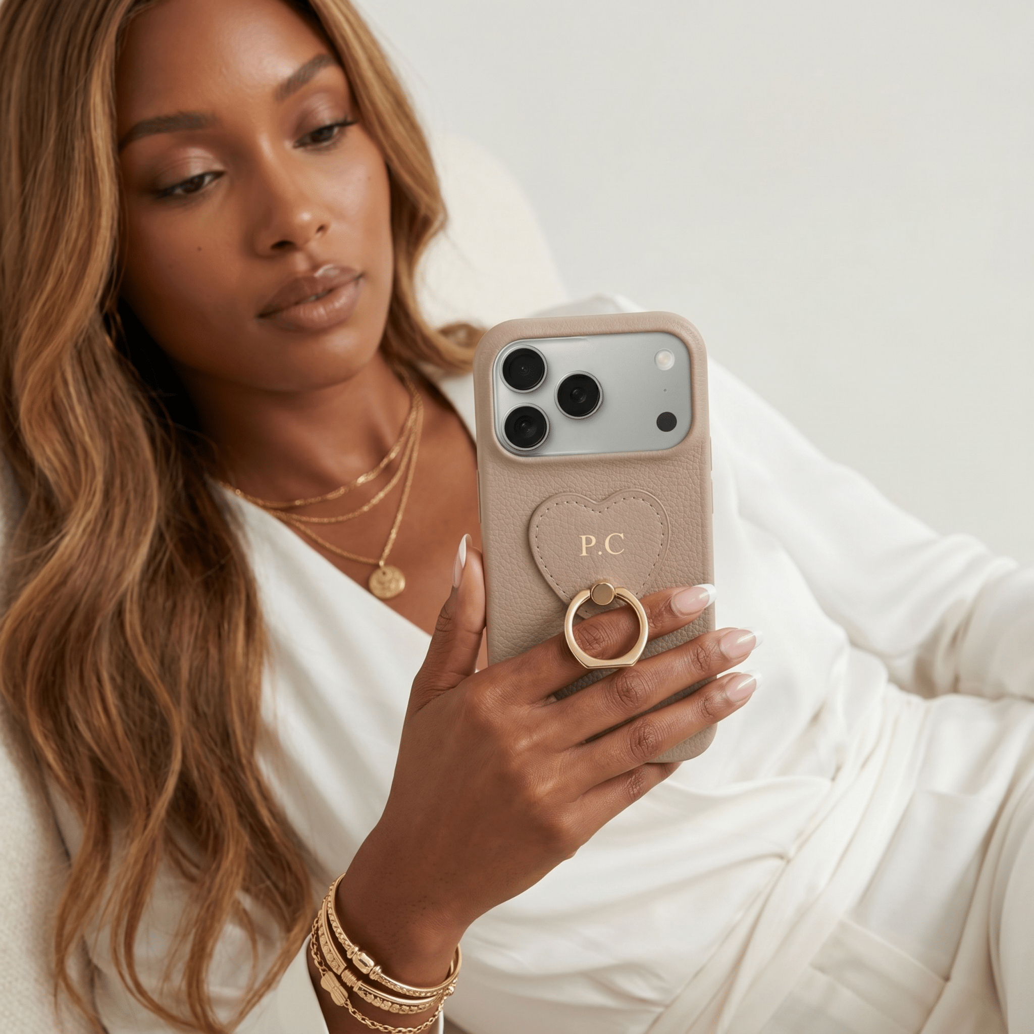 Khaki Heart Ring Leather iPhone Case - Poly Bands