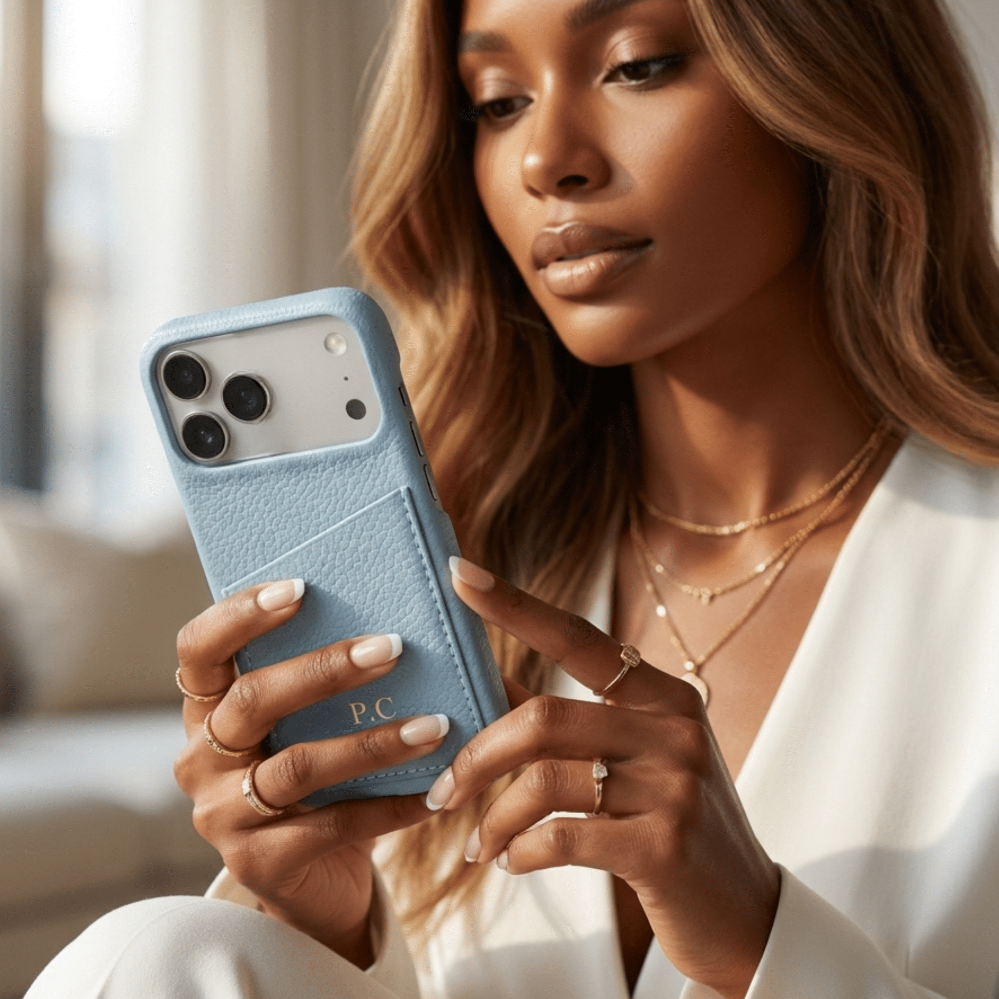 Light Blue Card Holder Leather iPhone Case - Poly Bands