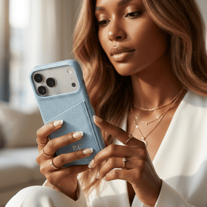 Light Blue Card Holder Leather iPhone Case - Poly Bands