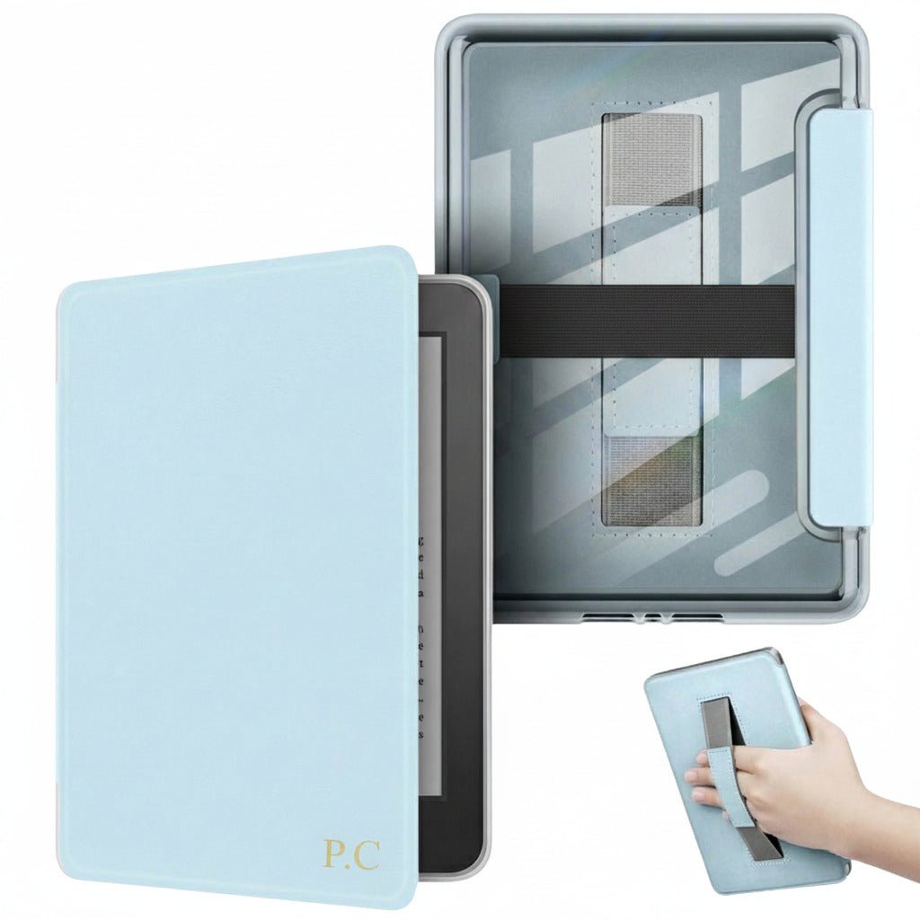 Light Blue Leather Kindle Case with Hand Strap - Poly Bands