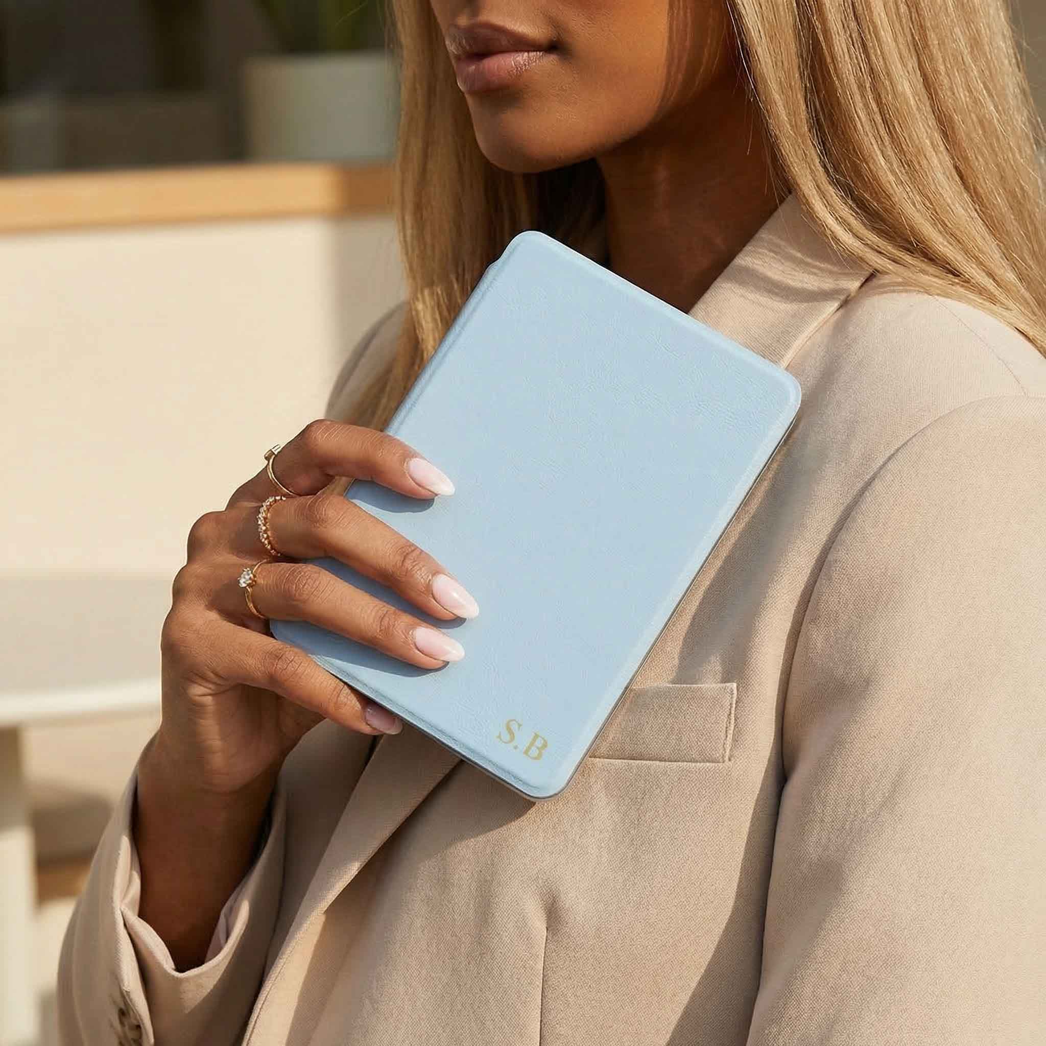 Light Blue Leather Kindle Case with Hand Strap - Poly Bands