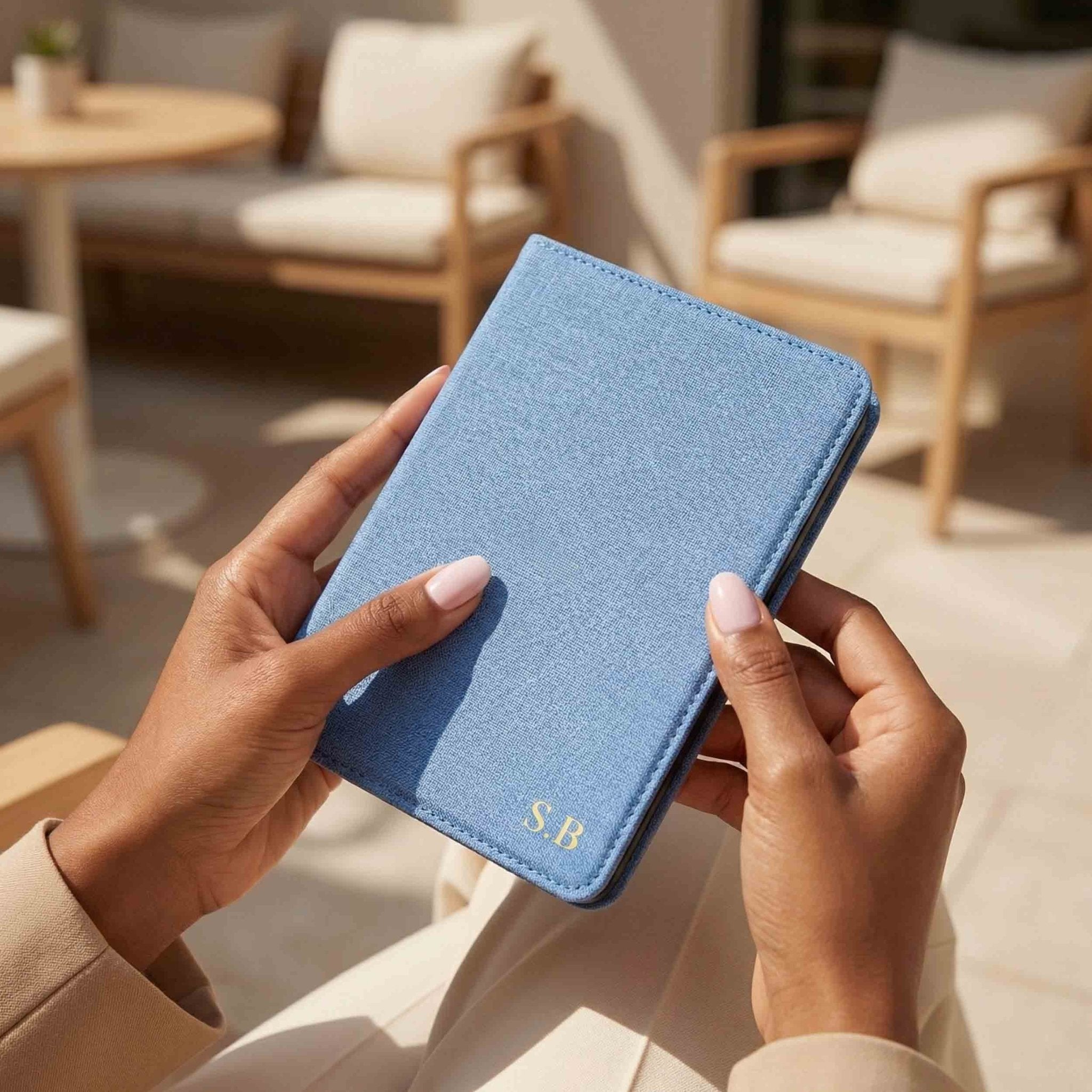 Light Blue Textured Leather Kindle Case with Hand Strap - Poly Bands