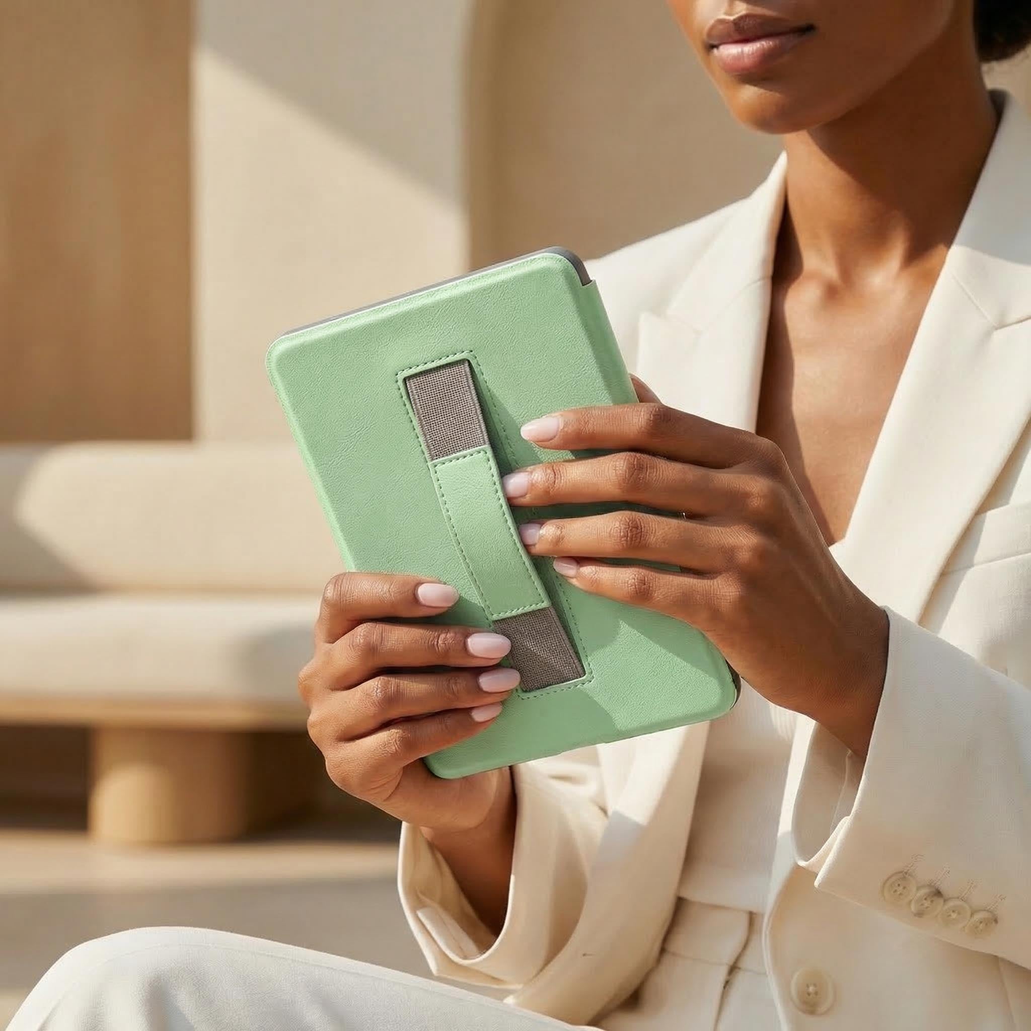 Light Green Leather Kindle Case with Hand Strap - Poly Bands