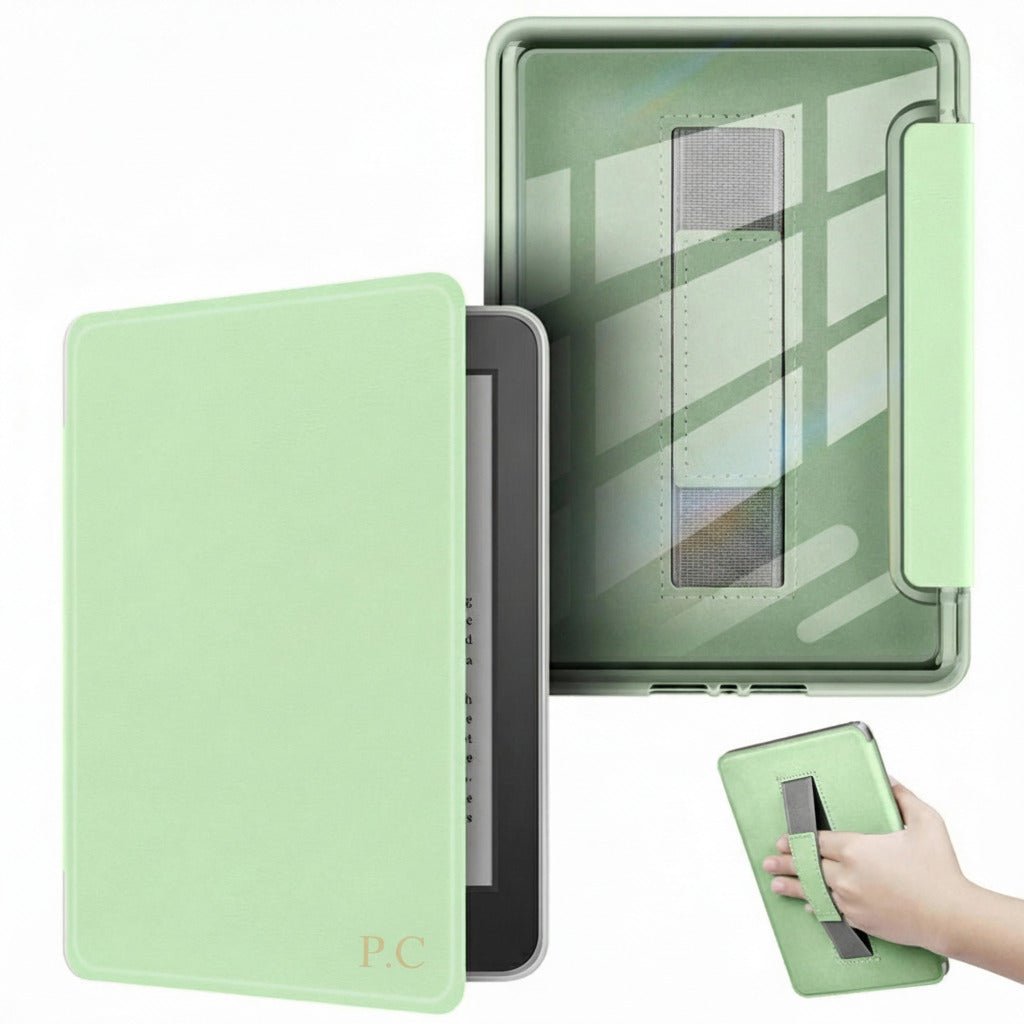 Light Green Leather Kindle Case with Hand Strap - Poly Bands