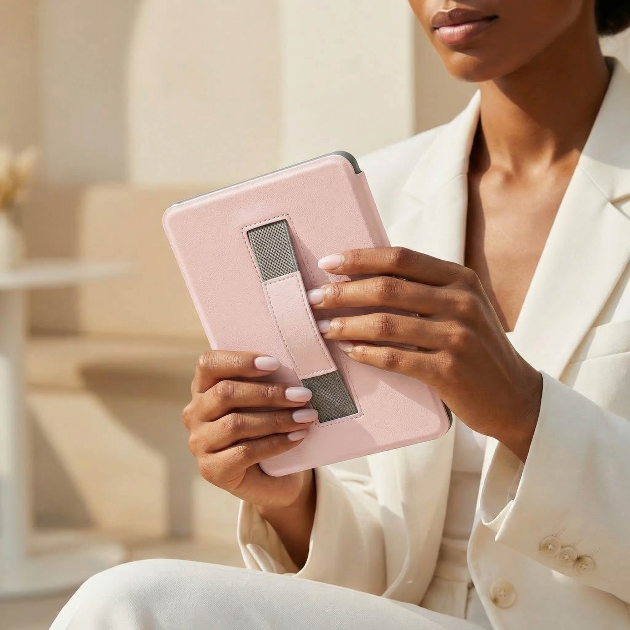 Light Pink Leather Kindle Case with Hand Strap - Poly Bands
