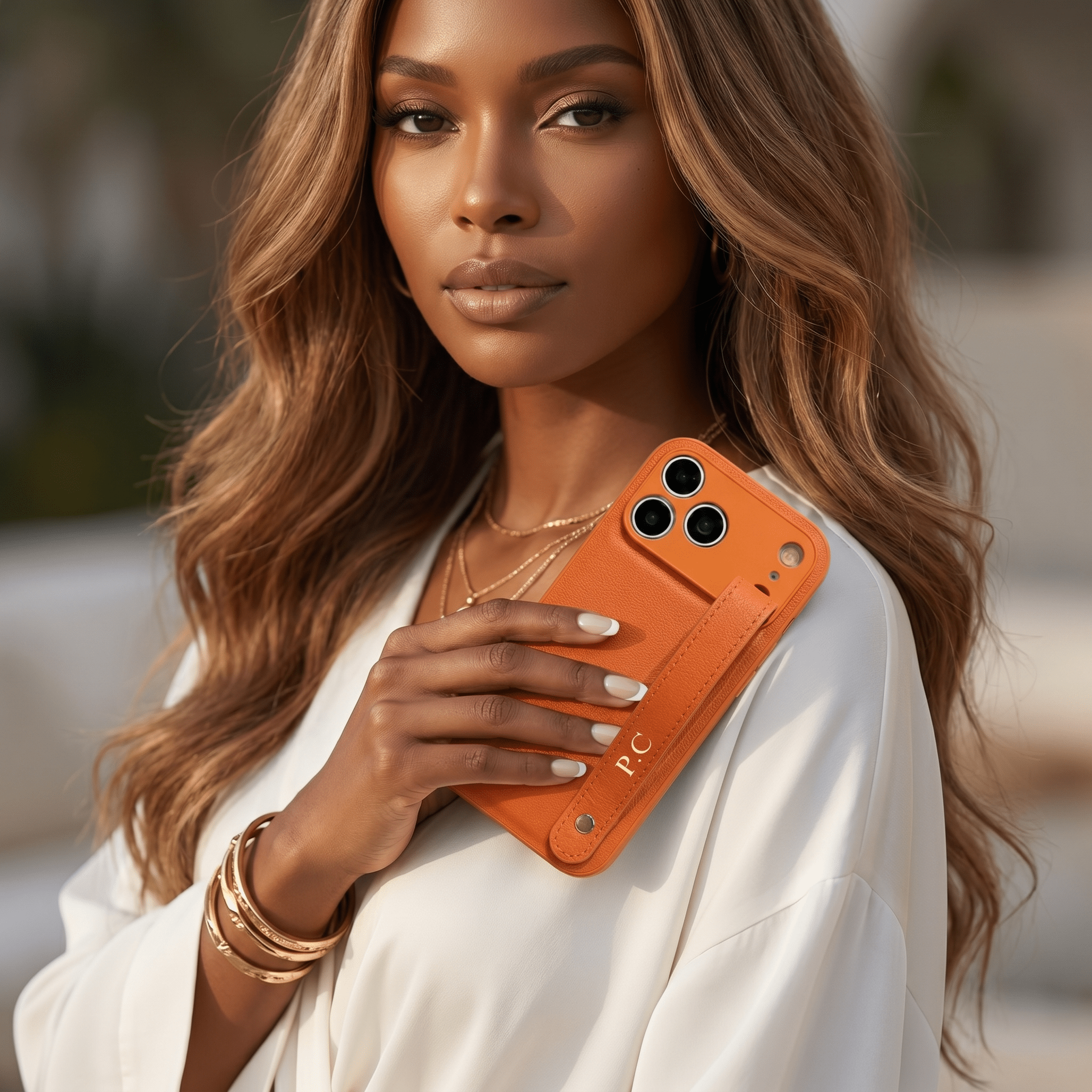 Orange Leather iPhone Case with Strap - Poly Bands