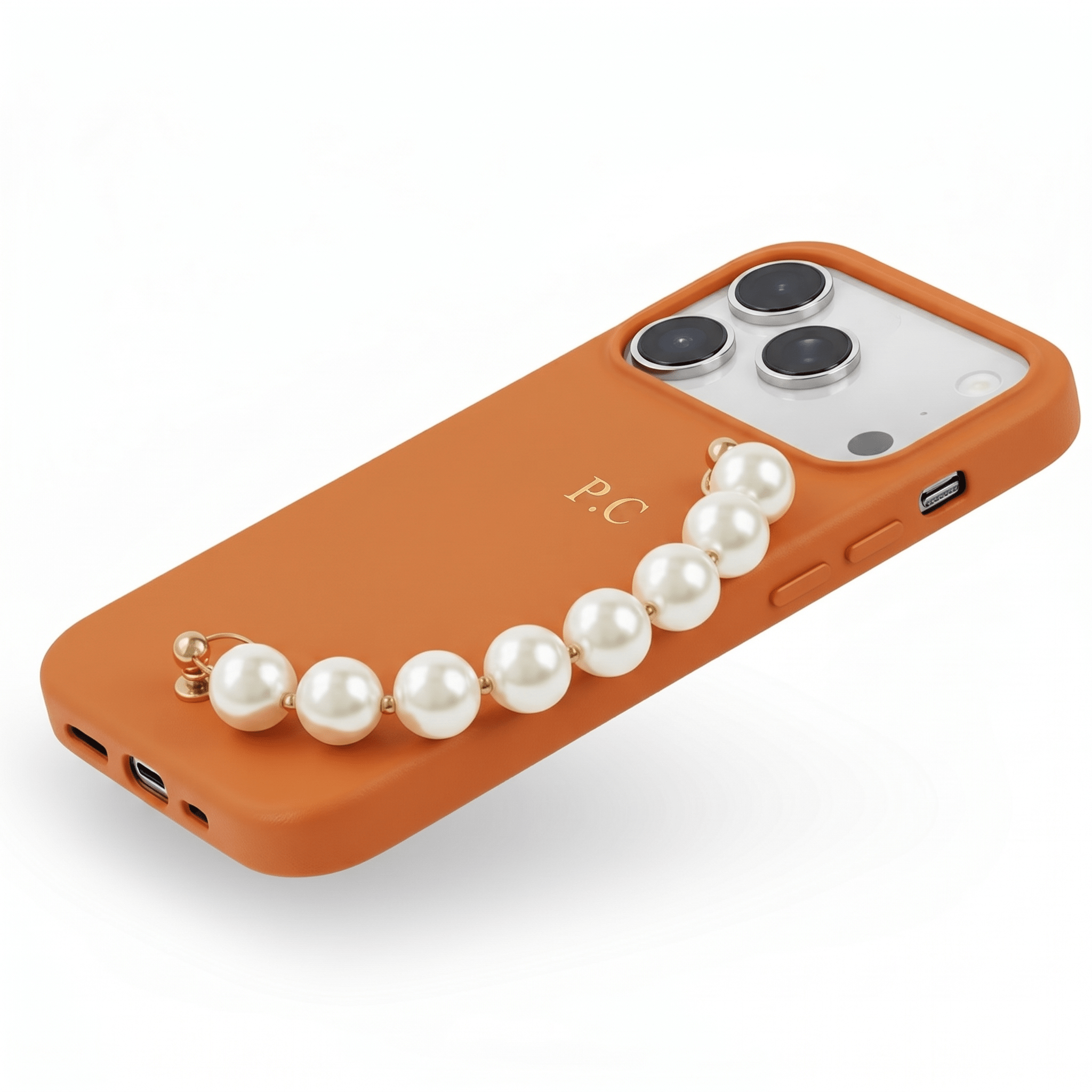 Orange Leather Magnetic iPhone Case with Pearl Strap - Poly Bands