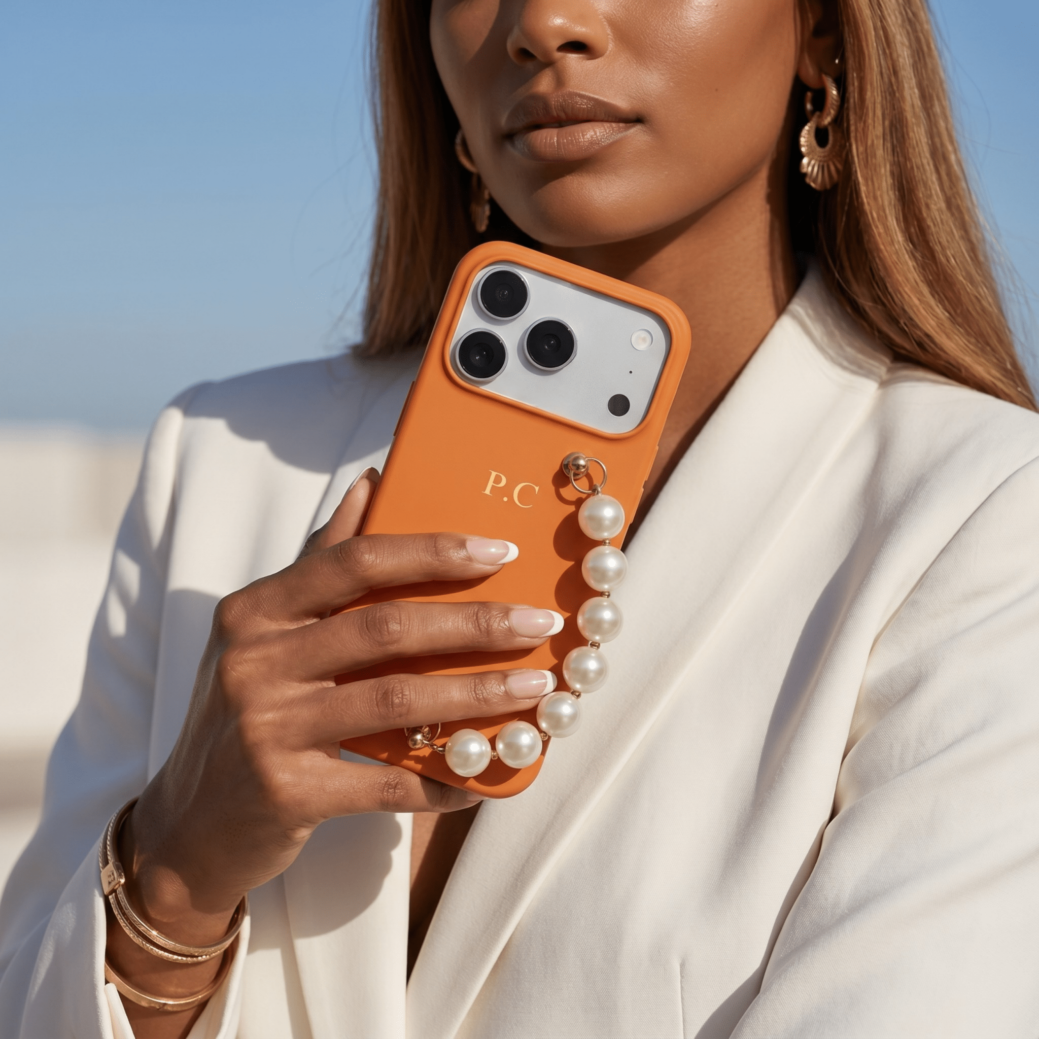 Orange Leather Magnetic iPhone Case with Pearl Strap - Poly Bands